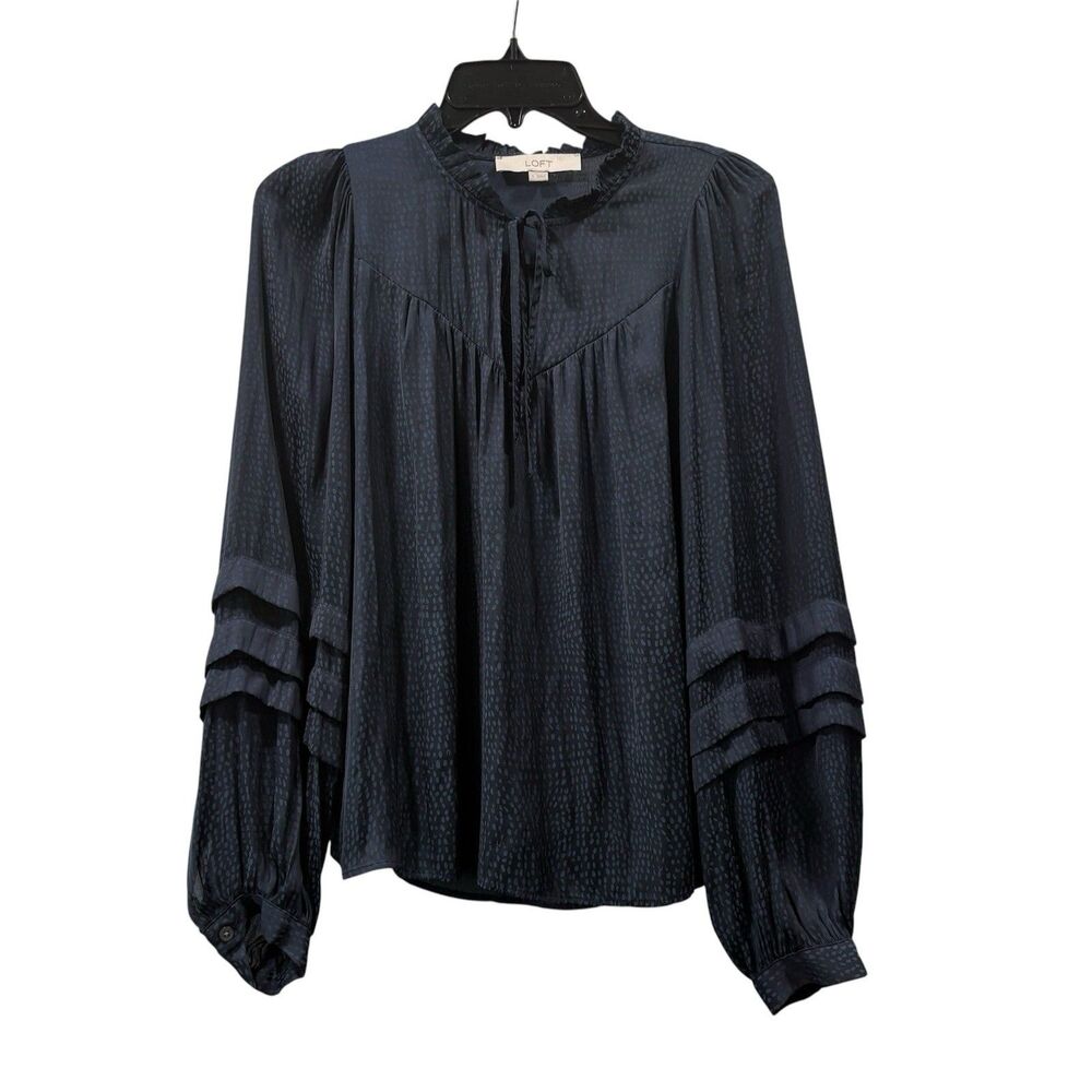 LOFT Blue Speckled Polka Dot Tie Neck Top Size S